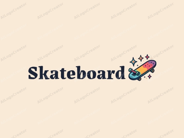 verspieltes Design mit einer lebendigen Skateboard-Silhouette und dynamischen Stern-Elementen, kombiniert mit einem sauberen Hintergrund für ein spaßiges und energetisches Gefühl.