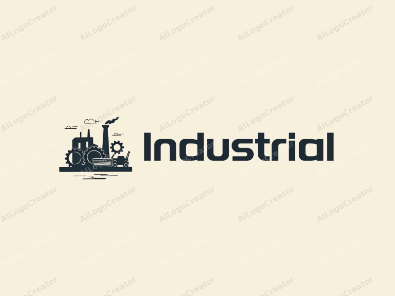 modern design features a stylized factory silhouette, interlocking gears, and documents, combined with a clean background and a harmonious composition.