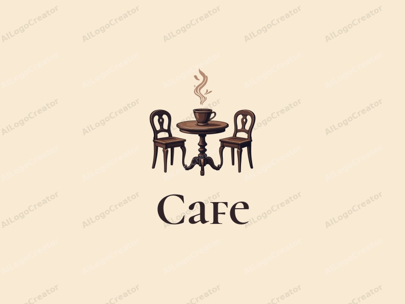 vintage design features a stylized coffee cup, antique table, and chairs, combined with a clean background.