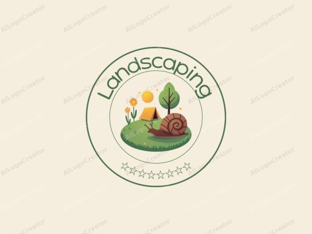 diseño moderno que presenta un césped y jardín estilizados, incorporando una concha de caracol y una tienda de campaña, combinados con un fondo limpio.