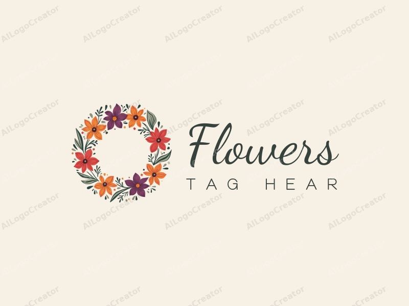 playful design features vibrant flowers and petals arranged in a circular wreath, complemented by playful leaves, all set against a clean background.