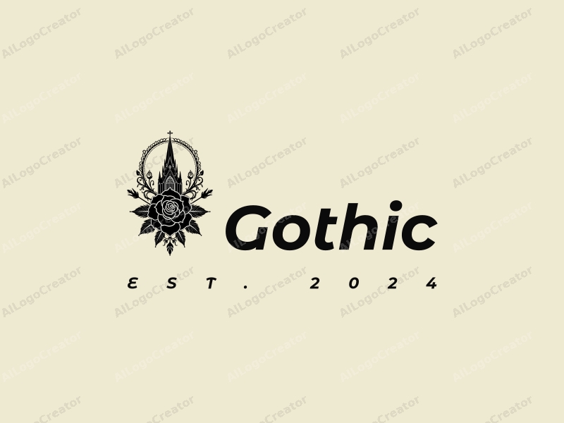 Gothic design features intricate Gothic architecture, a stylized spire church silhouette, and elements of Gothic fashion combined with a black rose, all set against a clean background.