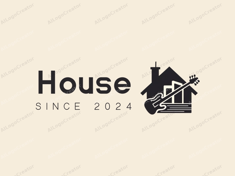 modern design features a stylized house and building silhouette intertwined with a guitar and sound waves, combined with a clean background.