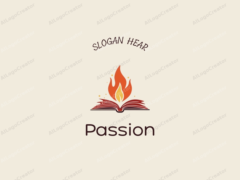 playful design features a stylized flame intertwined with an open book, using a vibrant red color palette, combined with a clean background.