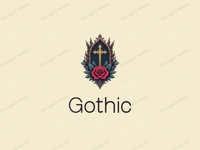 Gothic design features intricate Gothic architecture, stylized Gothic fashion elements, a cross, and a rose flower, combined with a clean background.