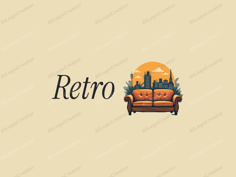 vintage design features a retro sofa and production machinery, combined with a clean background and harmonious composition.