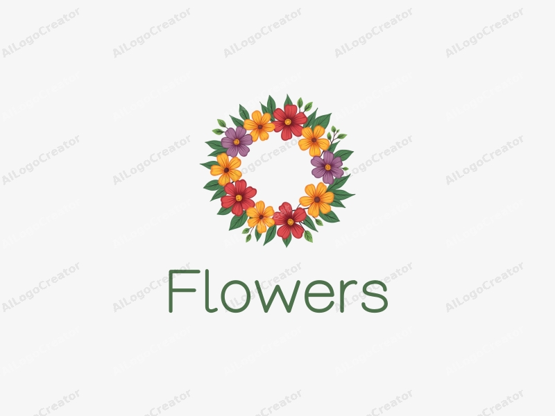 playful design features vibrant flowers and petals arranged in a circular floral wreath, surrounded by lush green leaves, combined with a clean and simple background.