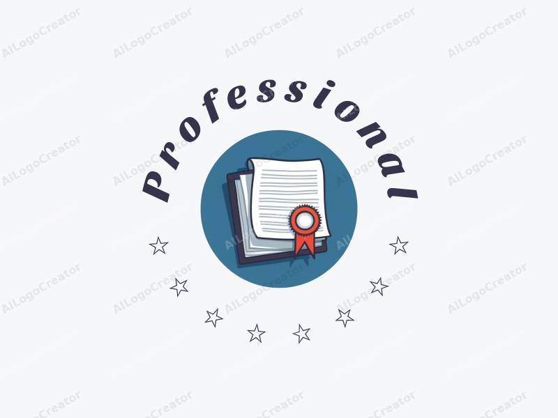 modern design features a stylized book and certificate, representing professionalism and certification, combined with a clean background in blue and gray tones.