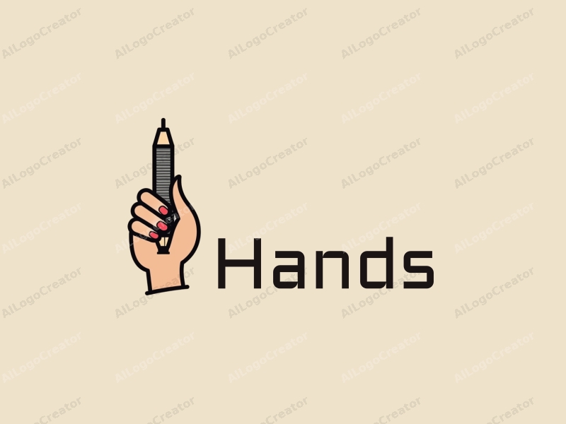 a modern minimalist design featuring a stylized hand gripping a pen, combined with a clean background and skin tone colors.