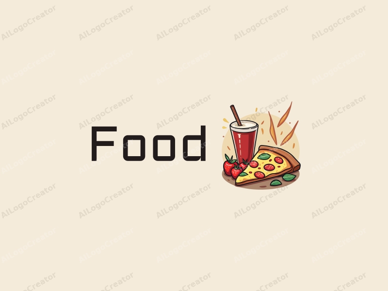 a modern design featuring a vibrant pizza slice and a refreshing beverage, combined with a clean background and a playful arrangement of food elements.