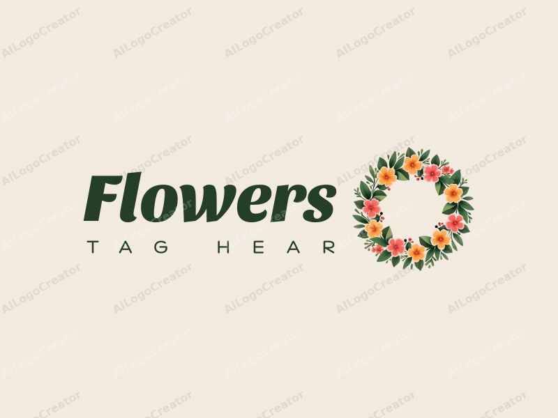 playful design features vibrant flowers and petals arranged in a circular wreath, surrounded by lush green leaves, creating a cheerful and inviting atmosphere with a clean background.