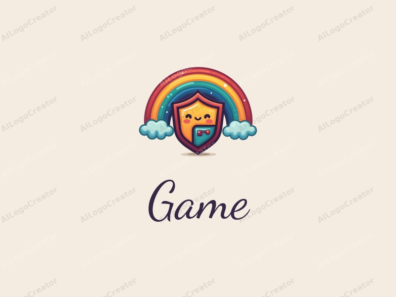 playful design features a vibrant rainbow arching over a stylized shield, incorporating game and toy elements with a clean background.