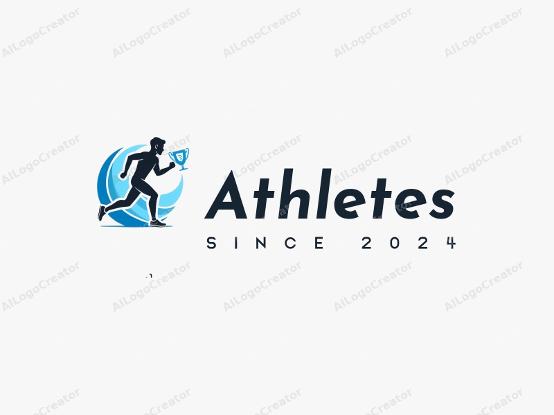 modern design features a stylized runner in motion, a trophy symbolizing victory, and a clean background with blue accents.