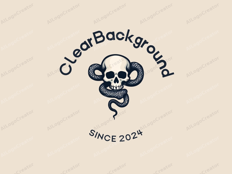 minimalist design features a stylized skull intertwined with a snake, using transparent colors and a clean background, emphasizing simplicity and harmony.