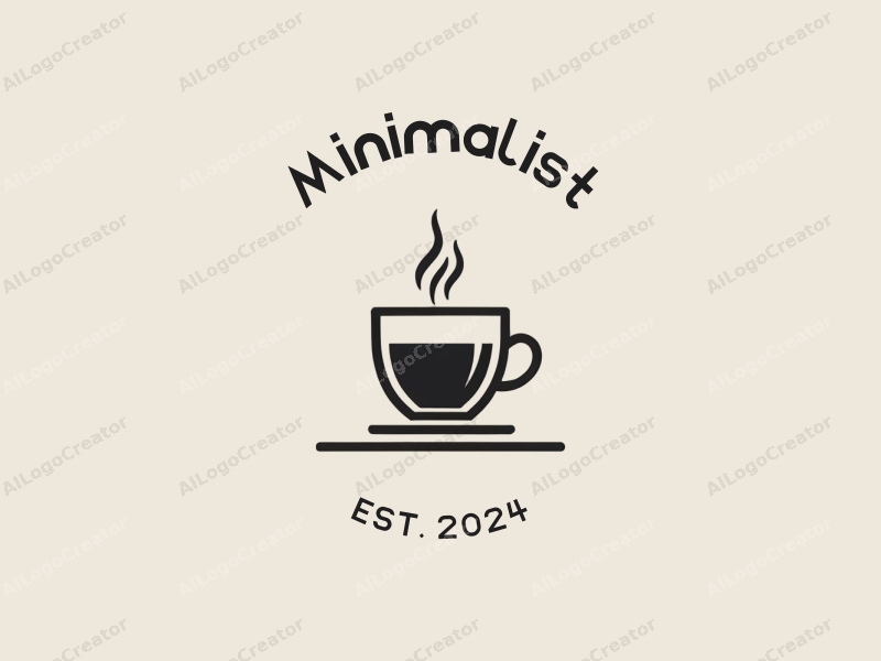 minimalist design features a stylized coffee cup with clean lines, combined with a tag style approach and a simple black and white background.