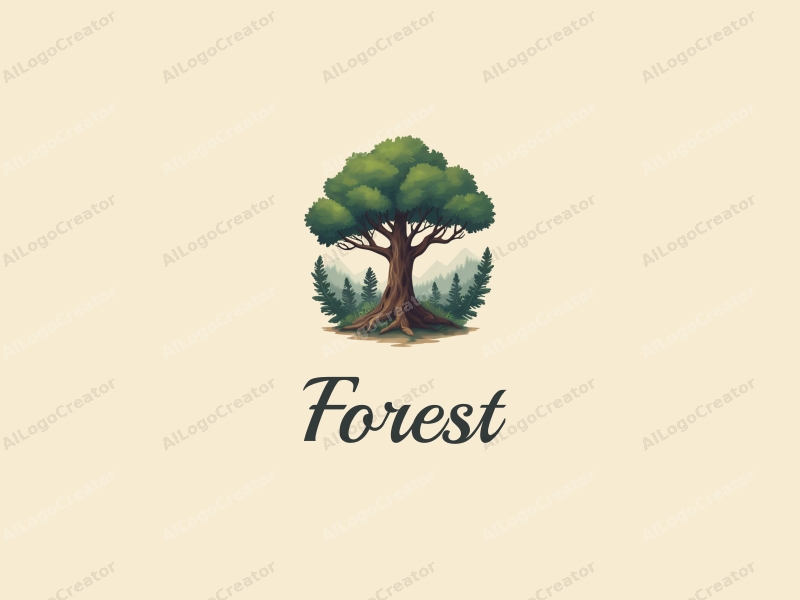 vintage design features a stylized ancient tree surrounded by lush forest elements, emphasizing ecological education and nature conservation, combined with a clean background.