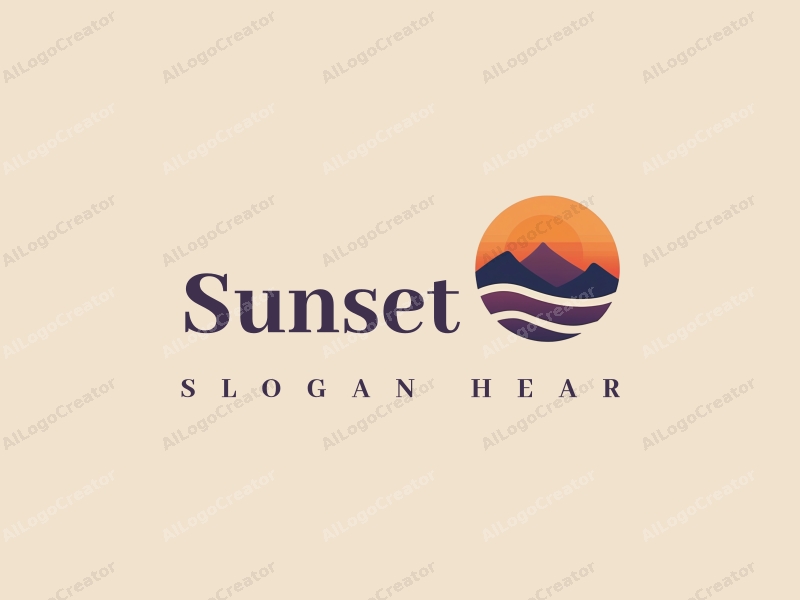 vintage design features a stylized sunset over mountains, with gentle waves in the foreground, using a harmonious blend of orange and purple colors against a clean background.