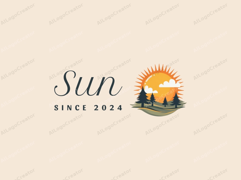 playful design features a bright sun radiating light, fluffy clouds, and stylized trees, combined with a clean background.