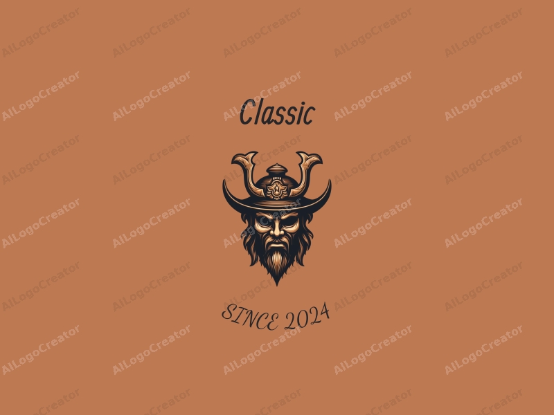 vintage design features a classic mask and sword, combined with a traditional aesthetic and a clean background.