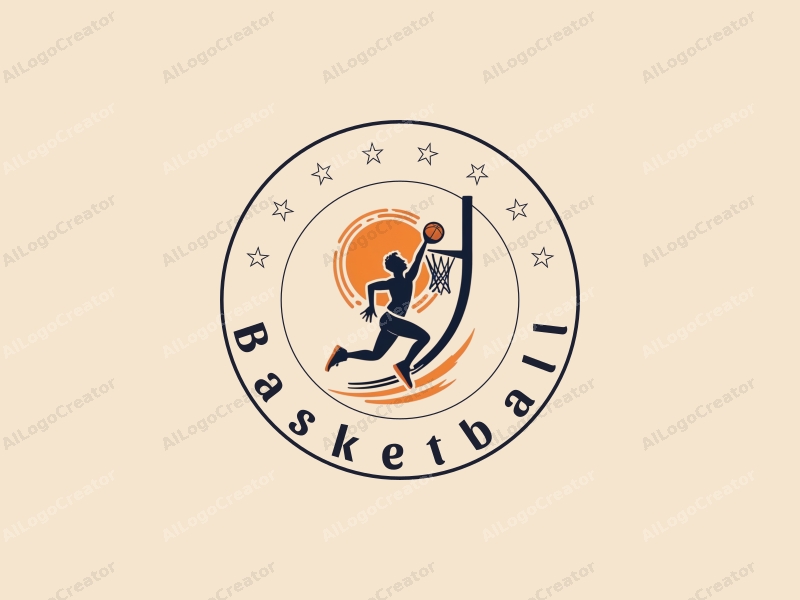 playful design features a dynamic athlete in action, a stylized basketball and hoop, combined with a clean background.