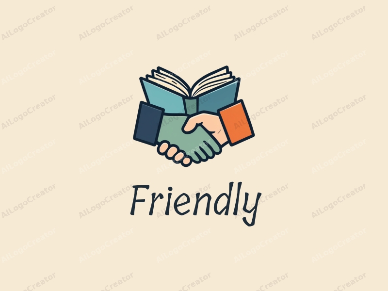 playful design features a stylized book and a handshake, combined with a clean background, emphasizing friendship and community in an educational and social context.