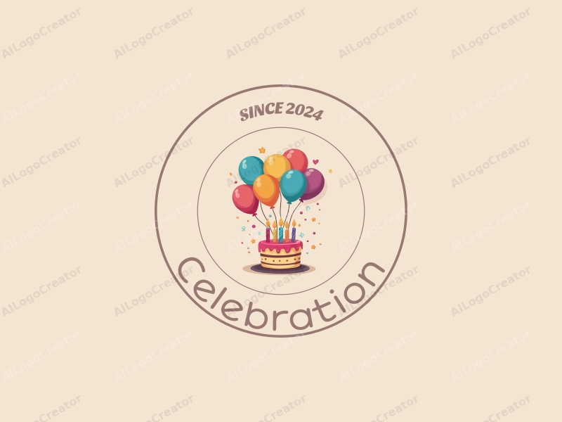 playful design features colorful balloons and a stylized cake, combined with a festive atmosphere and a clean background.