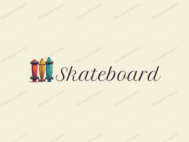 fröhliche Designmerkmale mit lebendigen Skateboards, stilisierten Scootern und Surfbrettern, kombiniert mit einem sauberen Hintergrund und einer frechen, energetischen Komposition.