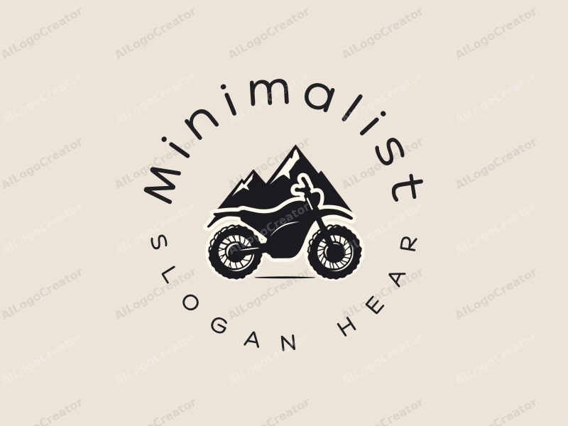 minimalist design features a stylized motorcycle silhouette integrated with mountain outlines, using clean lines and a black and white color scheme, creating a harmonious and simple composition.