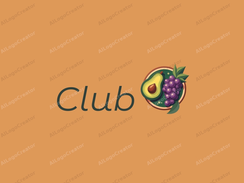 a modern design featuring a stylized club scene with social elements, incorporating grapes and avocado shapes, using a clean and simple composition.