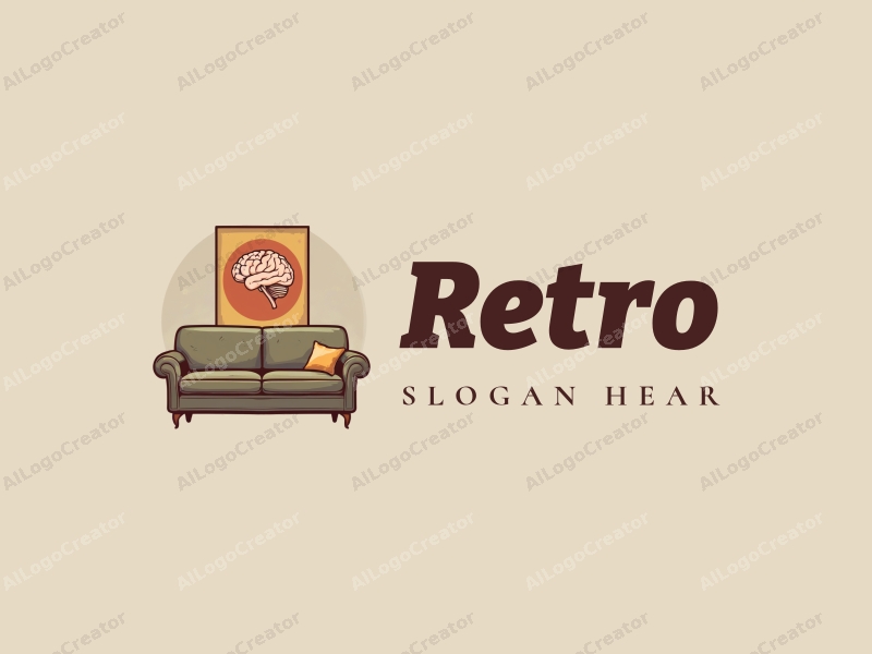 vintage design features a retro sofa and a retro poster, combined with a brain concept, set against a clean background.