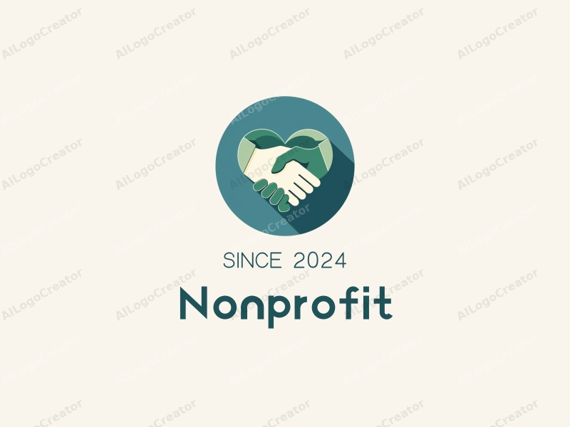 modern design features a stylized heart and handshake symbolizing charity and volunteerism, combined with a clean background in blue and green tones.