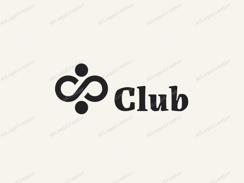 a modern minimalist design featuring interconnected circles representing social connections, a stylized club symbol, and a clean black and white color scheme.