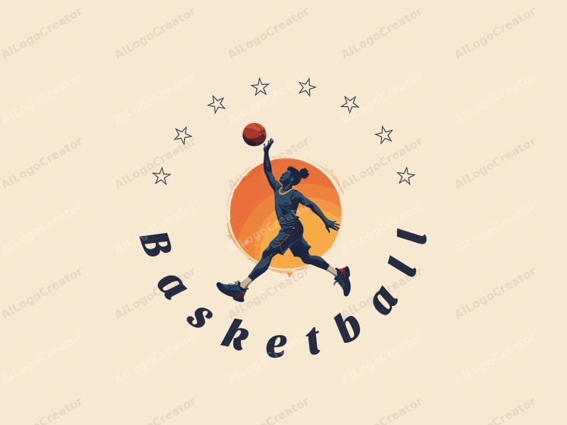 playful design features a flying basketball, an energetic athlete in motion, combined with a clean background.