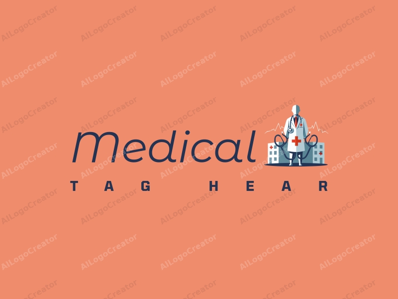 modern design features a stylized hospital silhouette, a doctor figure, a stethoscope intertwined with a heartbeat line, combined with a clean background.