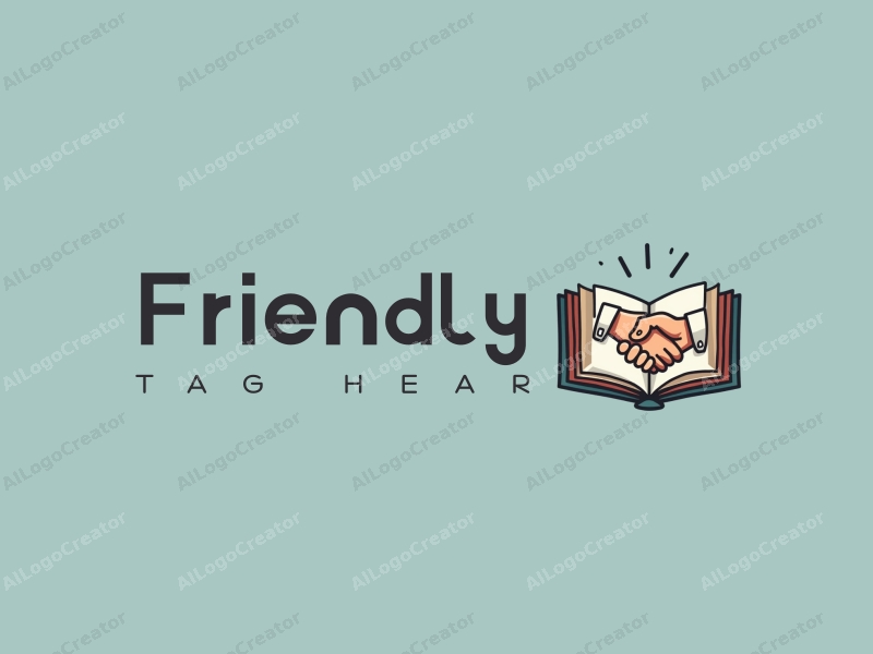 playful design features a stylized book and a handshake, combined with a clean background, emphasizing friendship and community in an educational and social context.