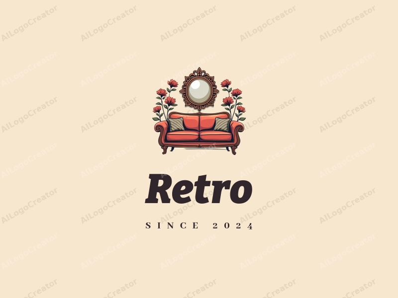 vintage design features a retro sofa, a decorative mirror, and floral patterns combined with a retro poster, set against a clean background.