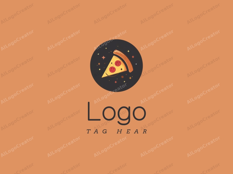 modern design features a stylized pizza slice and a microphone, combined with a clean background and a minimalist approach.