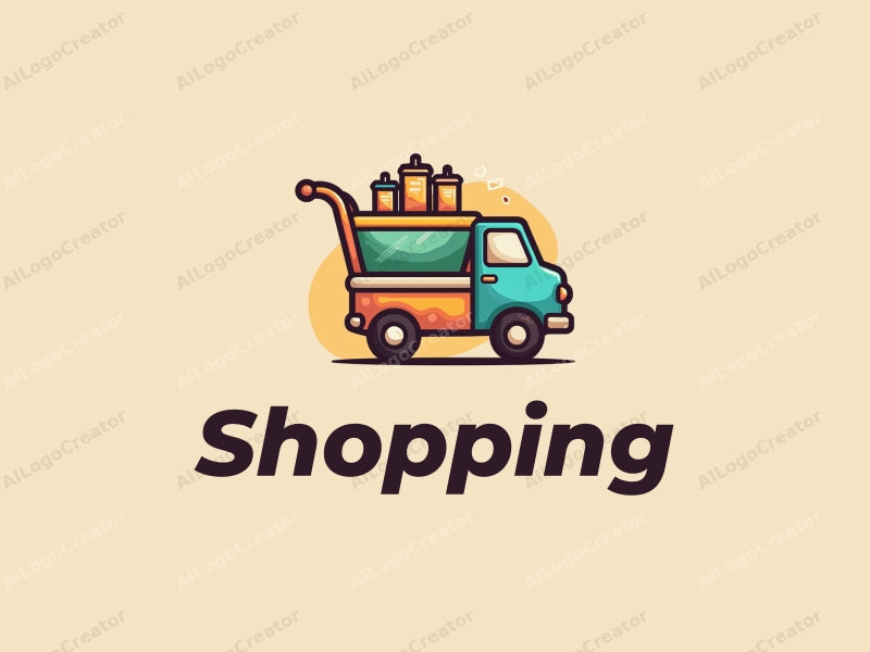 a modern design featuring a colorful shopping cart and a stylized coffee truck with drinks, combined with a clean background and a harmonious layout.