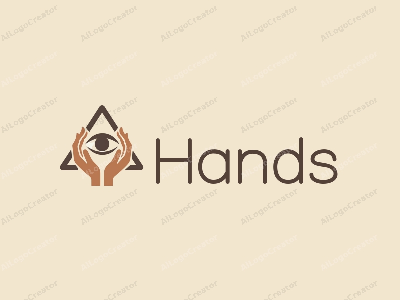 a modern minimalist design featuring a stylized hand holding an eye within a triangle, using skin tone colors against a clean background.