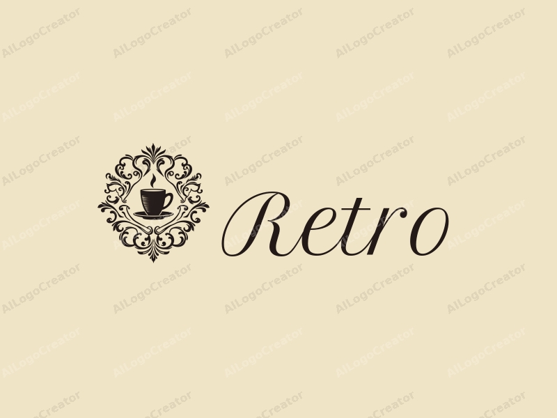 vintage design features a stylized coffee cup, elegant letters, and intricate patterns combined with a clean background.