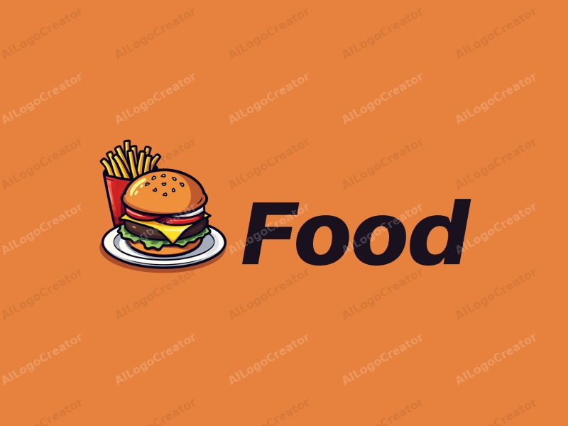 a modern design featuring a stylized burger and fries, with vibrant colors and a clean background, emphasizing the deliciousness of the food in a harmonious and simple composition.