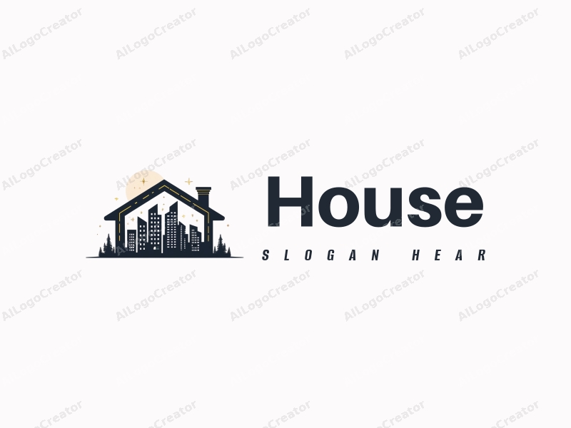 modern design features a stylized house and building silhouette, incorporating structural elements and blueprints, combined with a clean background.