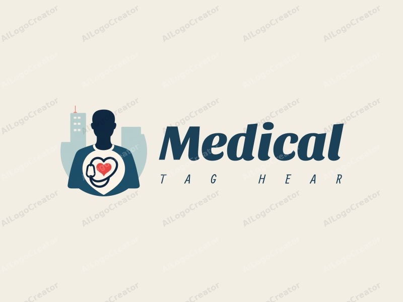 modern design features a stylized hospital silhouette, a doctor figure, a stethoscope intertwined with a heart, combined with a clean background.