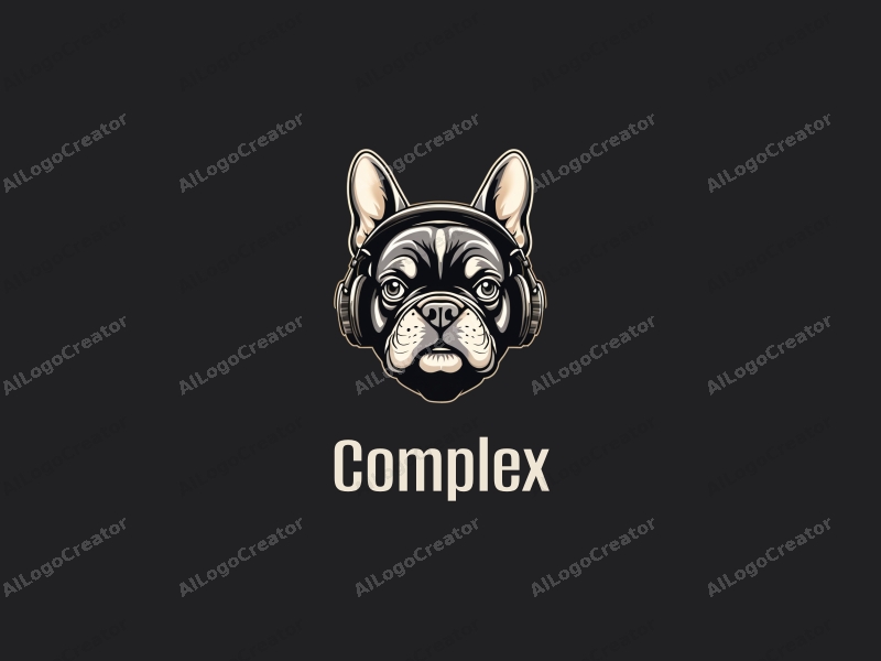 a modern design featuring an angry French bulldog wearing headphones, with intricate and detailed elements, set against a clean black background.