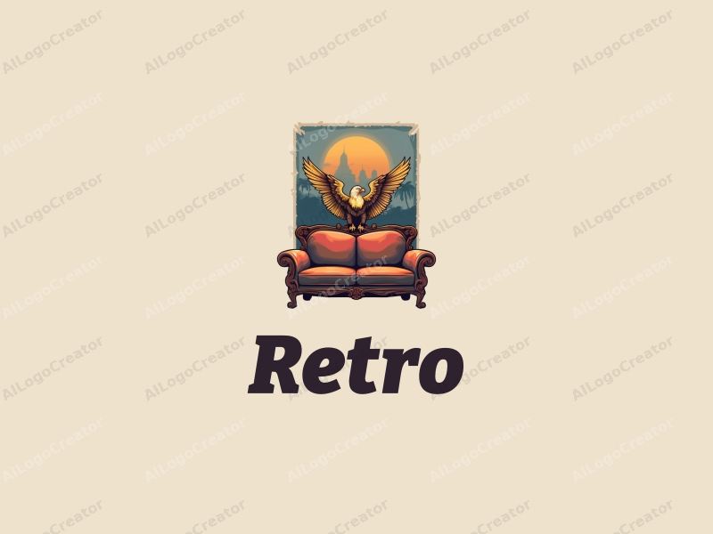 vintage design features a retro sofa and a retro poster, combined with a Thai Garuda and a golden eagle, set against a clean background.