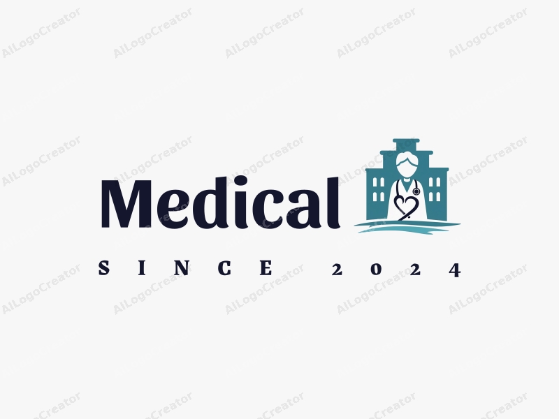 modern design features a stylized hospital silhouette, a doctor figure, a stethoscope intertwined with a heart, combined with a clean background.