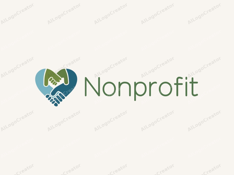 modern design features a stylized heart and handshake symbolizing charity and volunteerism, combined with a clean background in blue and green tones.