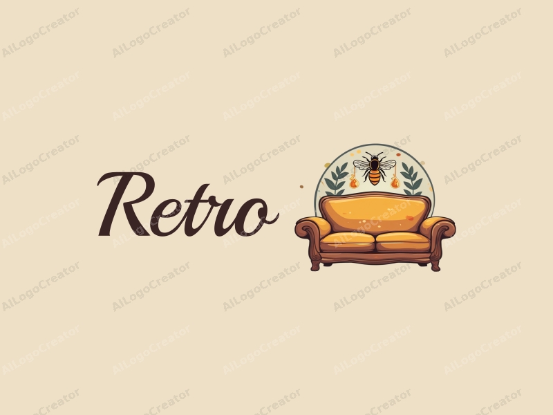 vintage design features a retro sofa and a retro poster, combined with a stylized bee and honey elements, set against a clean background.