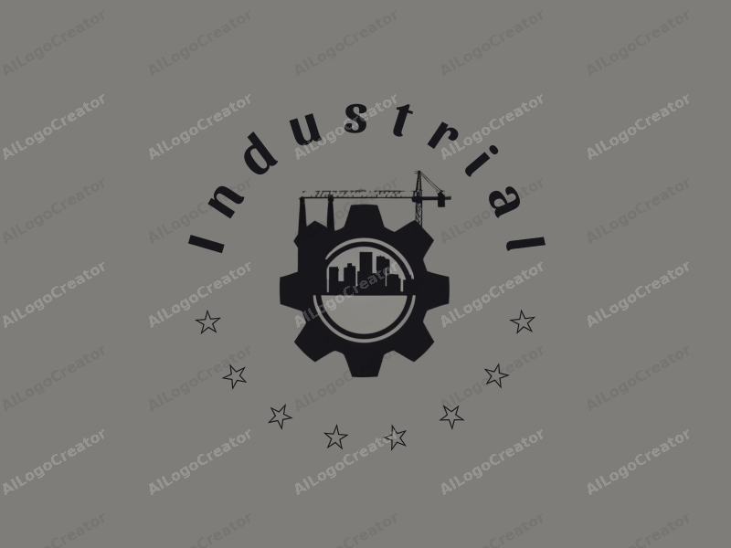 a modern minimalist design featuring a stylized factory silhouette, interlocking gears, and a crane, combined with a clean gray and black background.