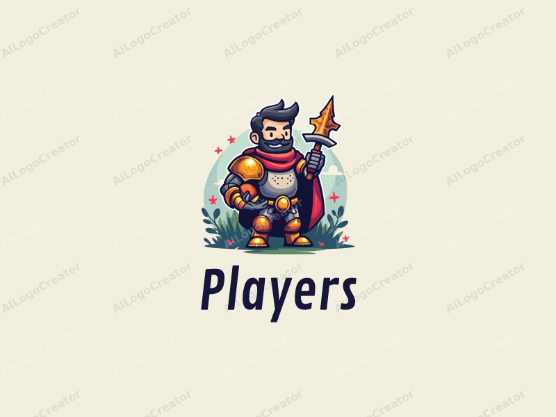 playful design features a vibrant color palette, a stylized player character, a whimsical sprite, and a knight, combined with a clean background.